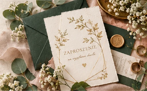 Eleganckie zaproszenie z botanicznym ornamentem, zieloną kopertą i lakową pieczęcią