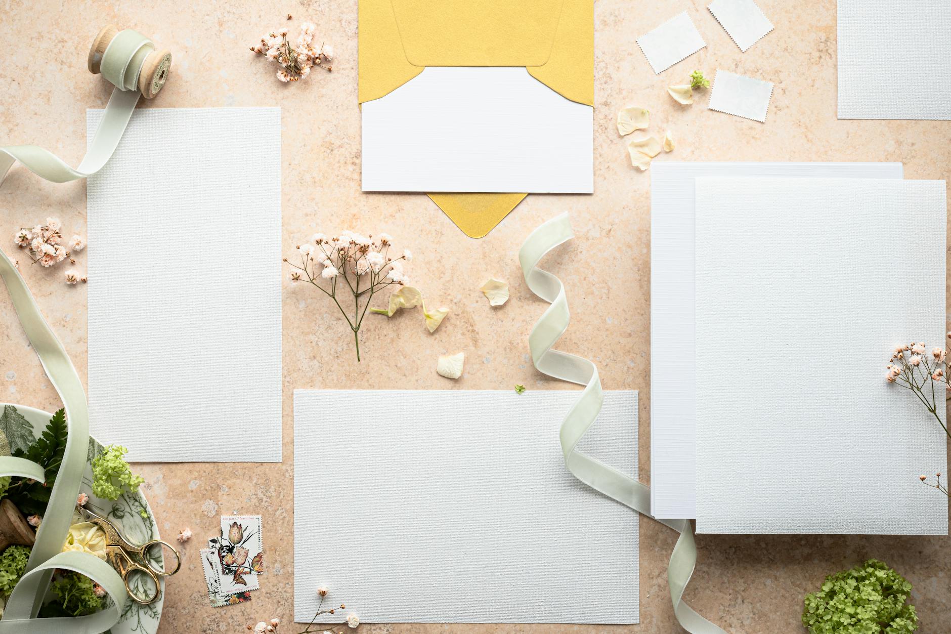 Jak zrobić zestaw papeterii ślubnej DIY: zaproszenie, RSVP, winietka i menu w jednym stylu Elegancki zestaw papeterii ślubnej na płasko z kwiatami i wstążką