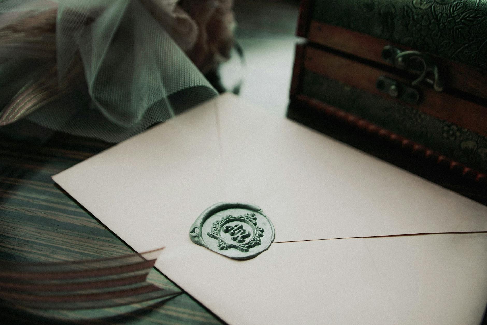 Tłoczenie pieczątką z reliefem: jak uzyskać wypukły detal na zaproszeniu Eleganckie zaproszenie ślubne z woskową pieczęcią z inicjałami